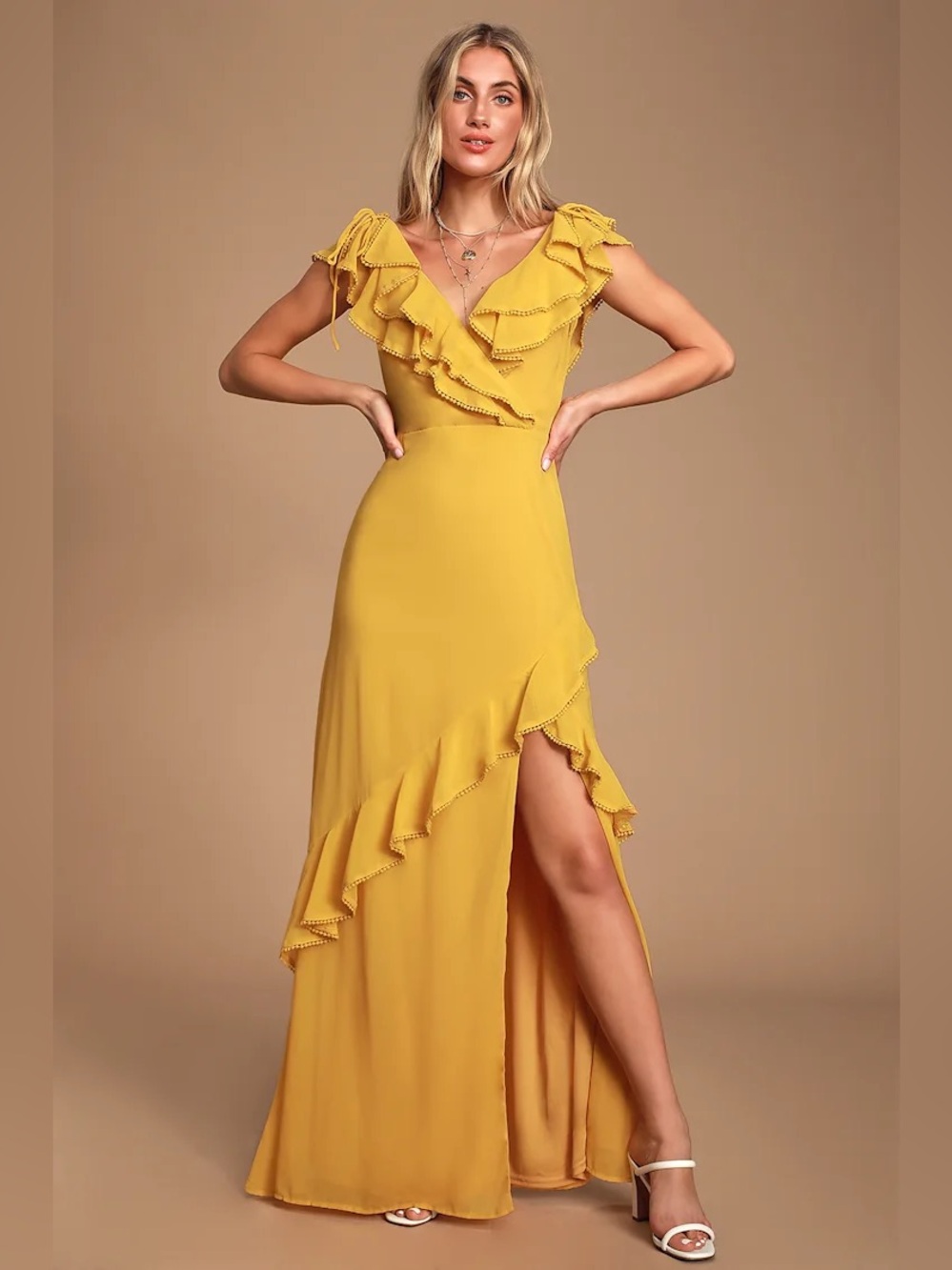 Lulus Love From Above Mustard Yellow Ruffled Surplice Maxi Dress